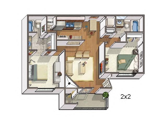 Floor plan for 2 beds, 2 baths, 880 sqft
