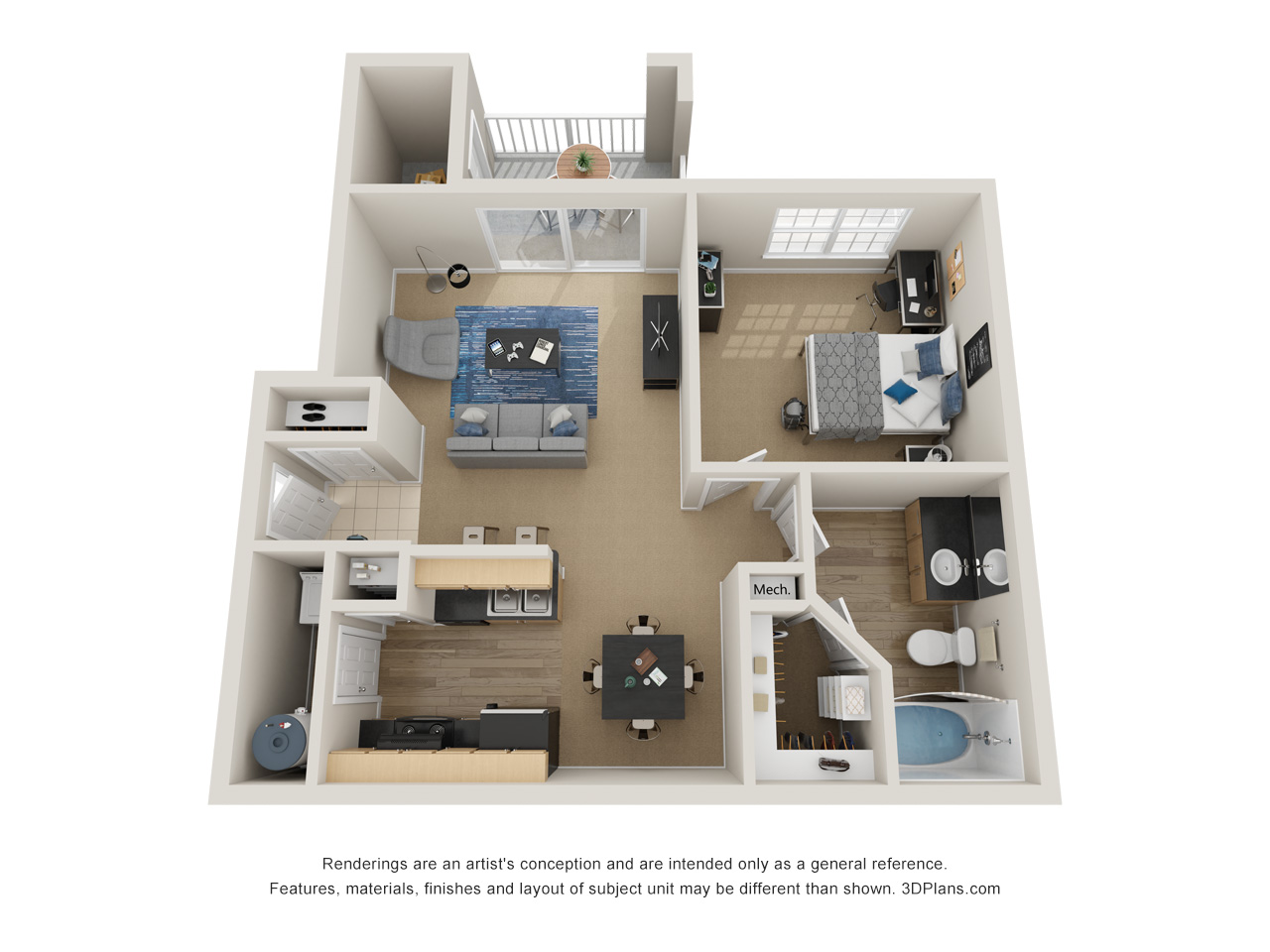 Floor plan for 1 bed, 1 bath, 776 sqft