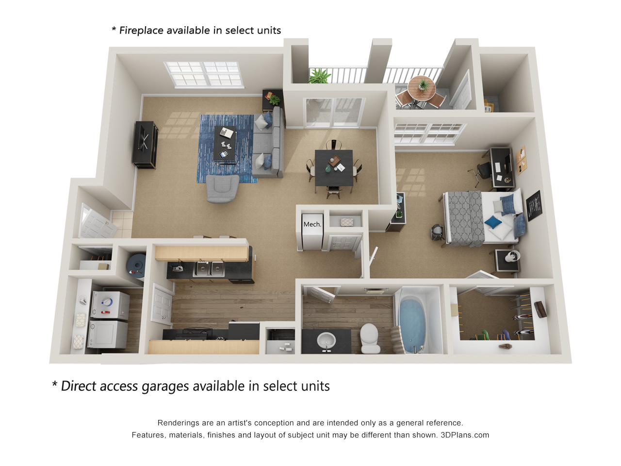 Floor plan for 1 bed, 1 bath, 898 sqft