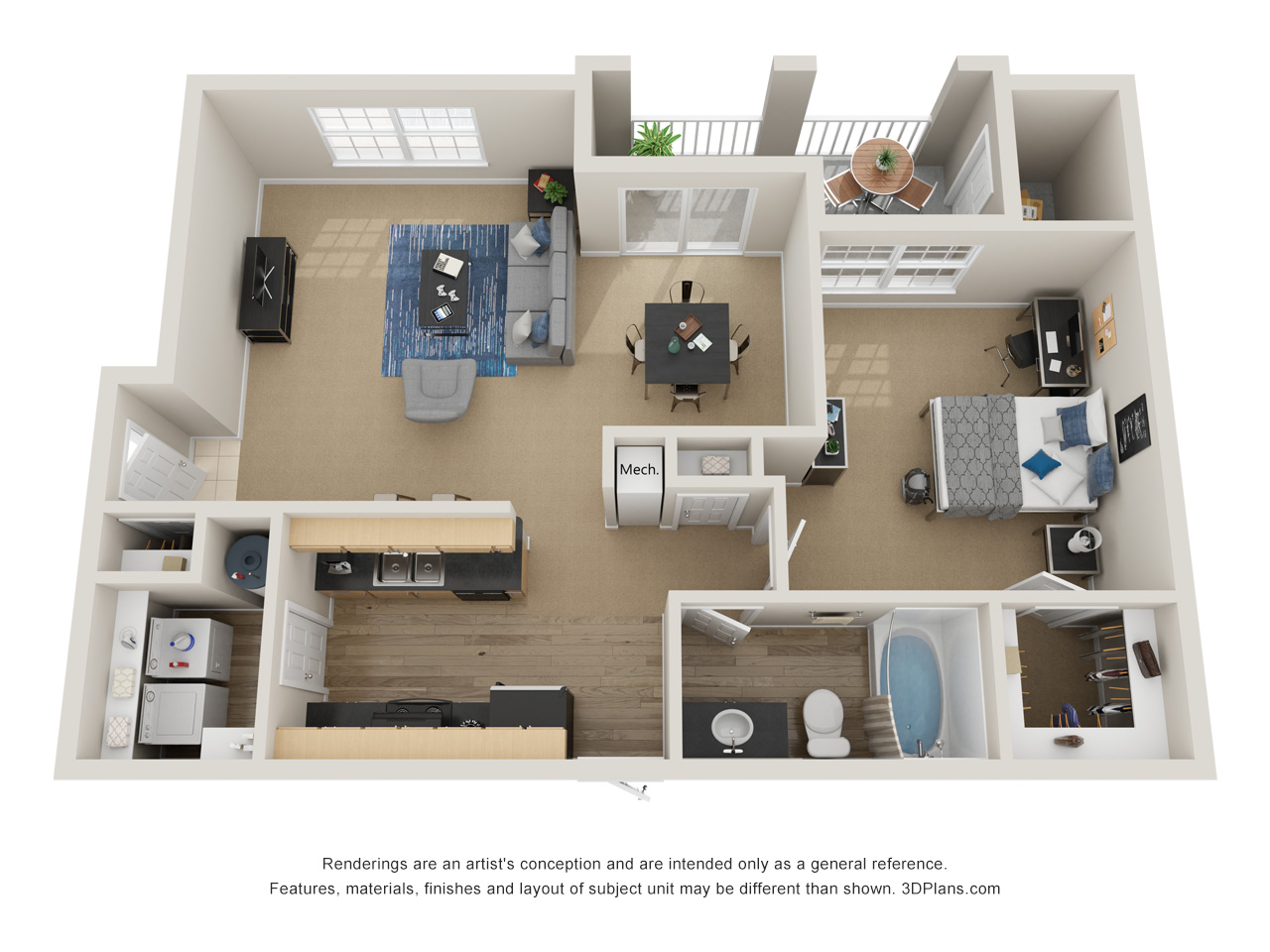 Floor plan for 1 bed, 1 bath, 928 sqft