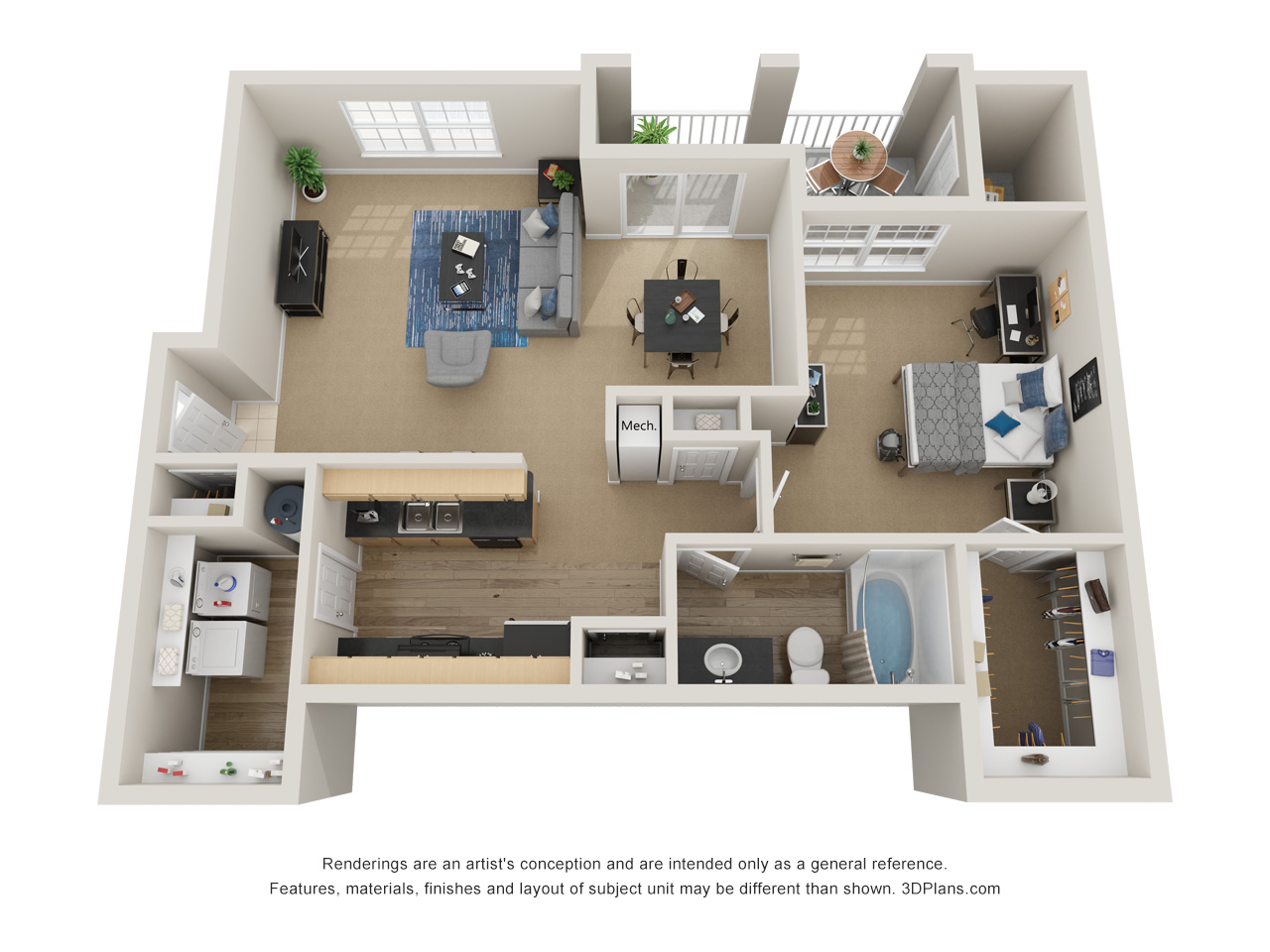 Floor plan for 1 bed, 1 bath, 949 sqft