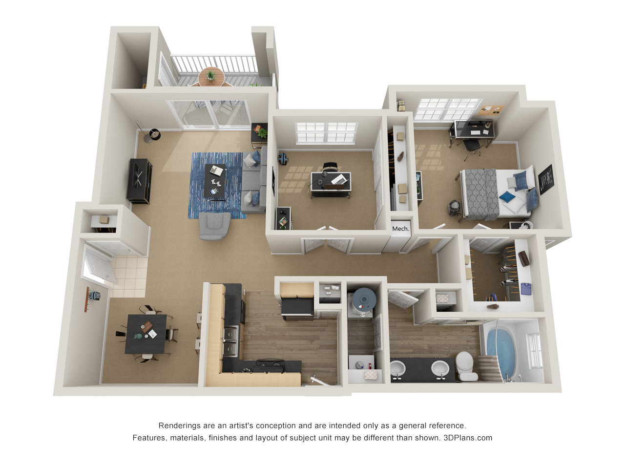 Floor plan for 1 bed, 1 bath, 1038 sqft