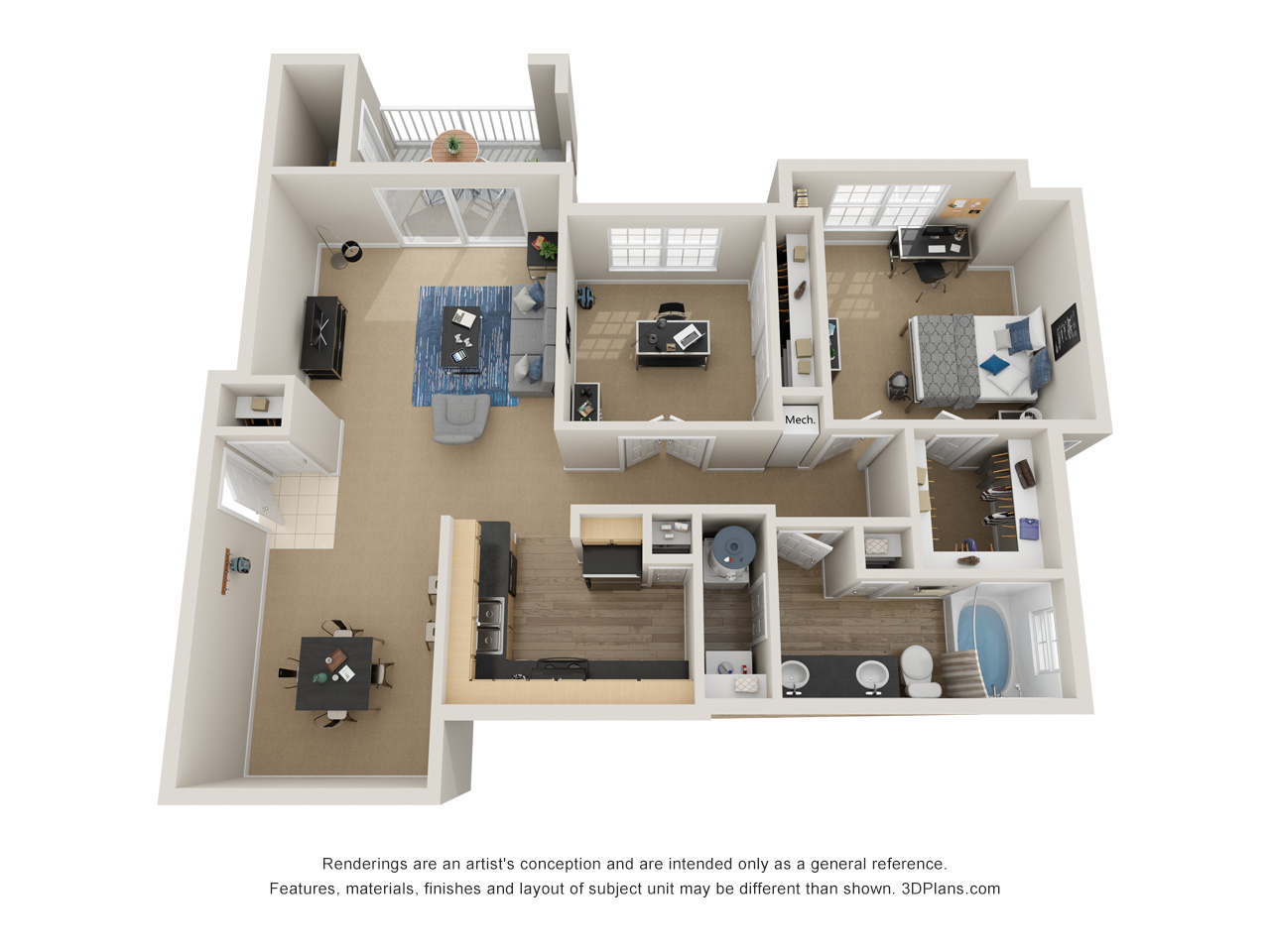 Floor plan for 1 bed, 1 bath, 1074 sqft