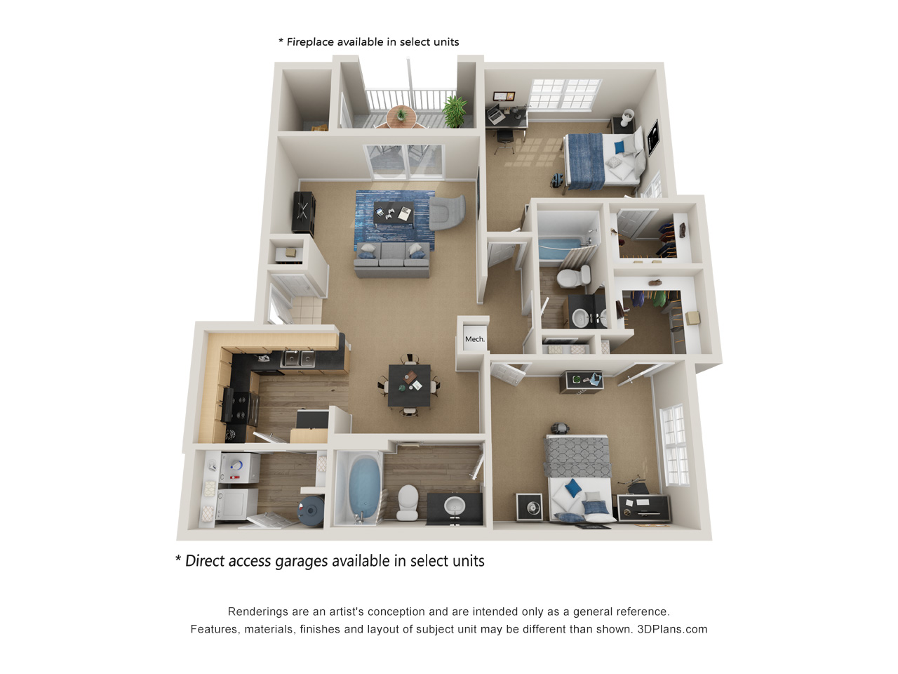 Floor plan for 2 beds, 2 baths, 1158 sqft