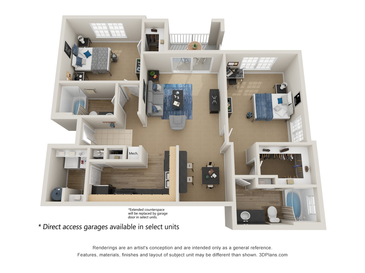 Floor plan for 2 beds, 2 baths, 1186 sqft