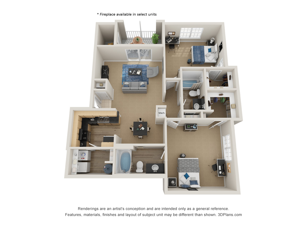 Floor plan for 2 beds, 2 baths, 1206 sqft