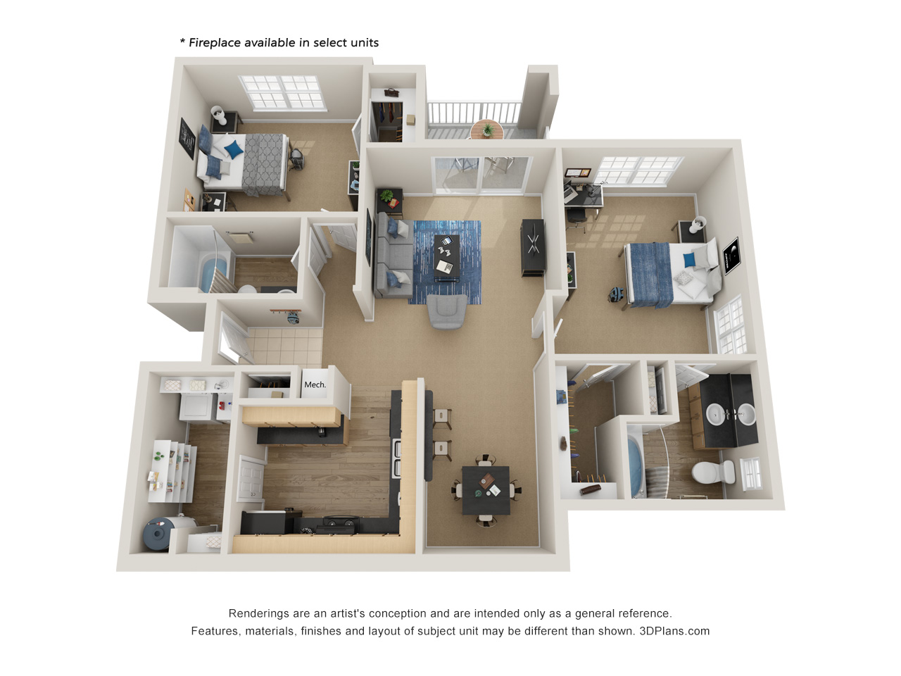 Floor plan for 2 beds, 2 baths, 1232 sqft