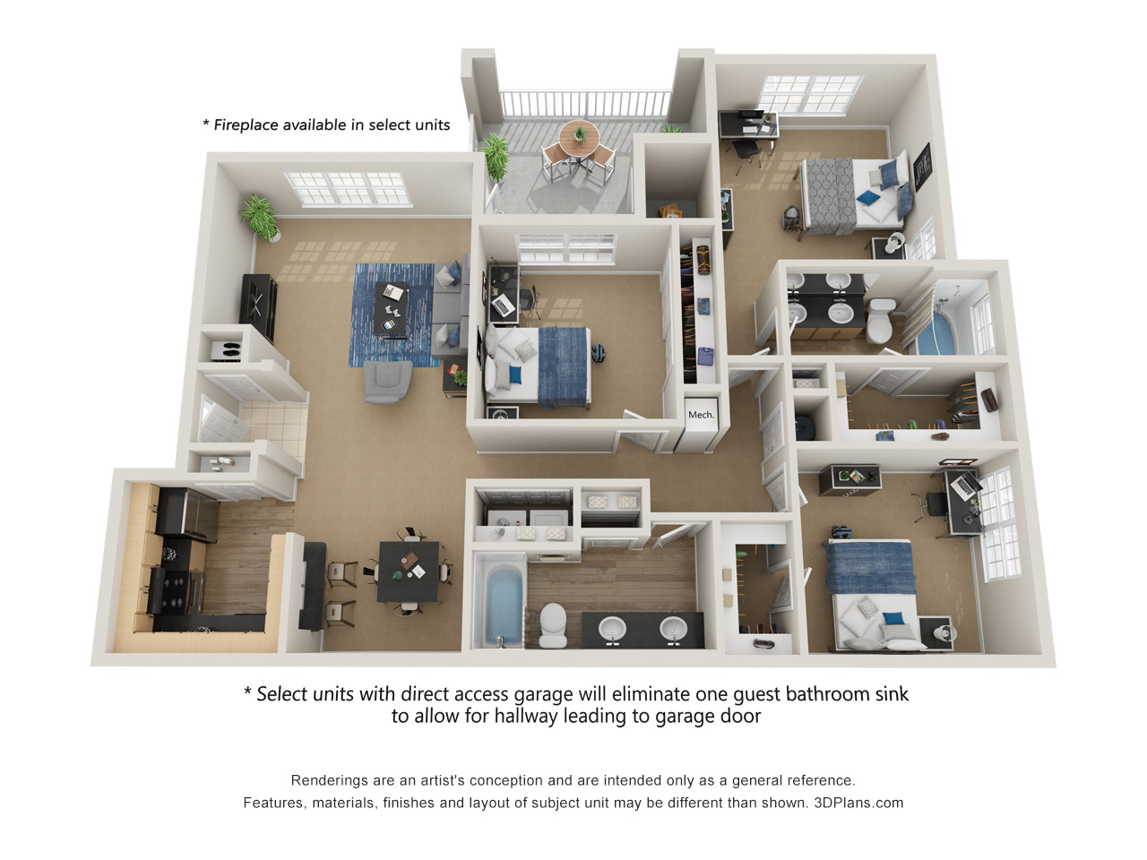 Floor plan for 3 beds, 2 baths, 1520 sqft