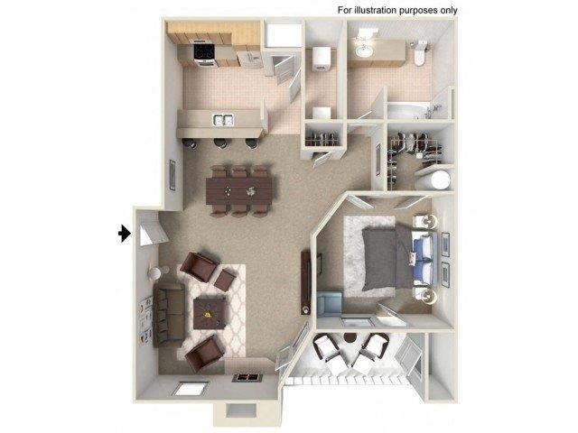 Floor plan for 1 bed, 1 bath, 870 sqft