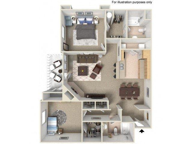 Floor plan for 2 beds, 2 baths, 1050 sqft