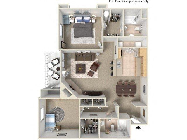 Floor plan for 2 beds, 2 baths, 1145 sqft