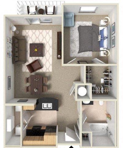 Floor plan for 1 bed, 1 bath, 851 sqft