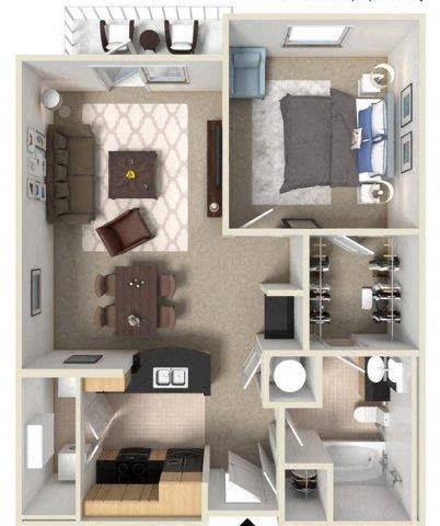 Floor plan for 1 bed, 1 bath, 851 sqft