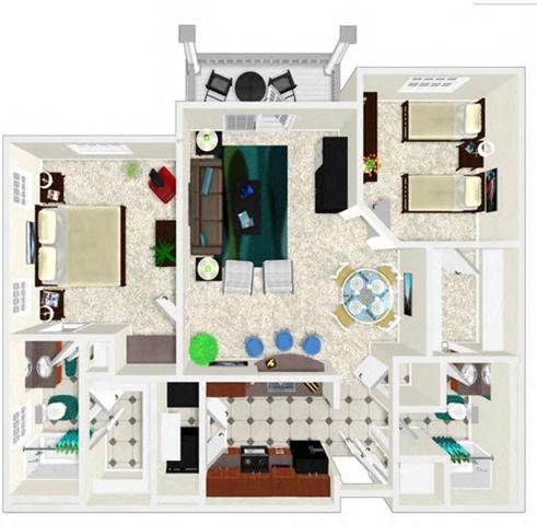 Floor plan for 2 beds, 2 baths, 1249 sqft