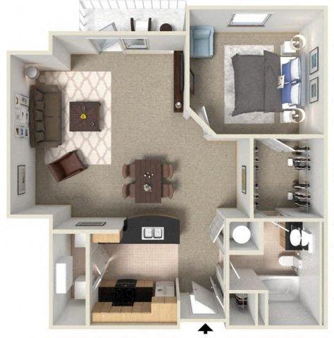 Floor plan for 1 bed, 1 bath, 982 sqft