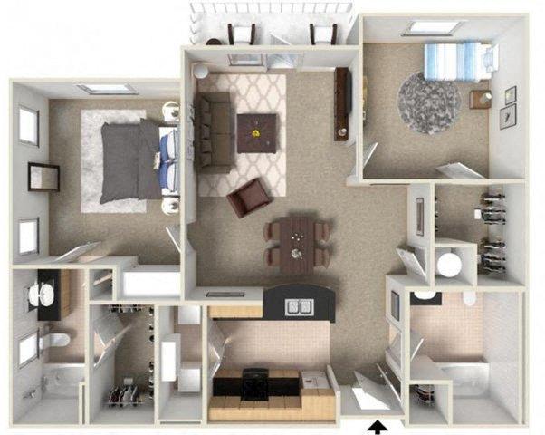 Floor plan for 2 beds, 2 baths, 1249 sqft