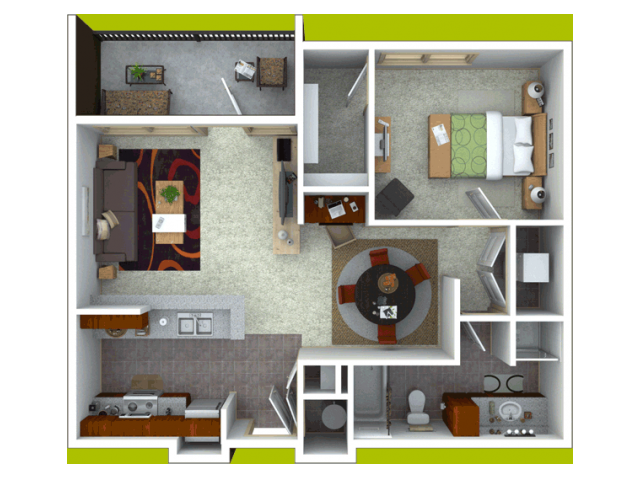 Floor plan for 1 bed, 1 bath, 893 sqft
