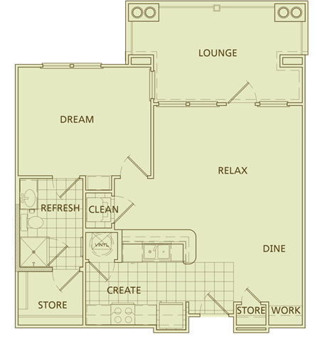 Floor plan for 1 bed, 1 bath, 765 sqft