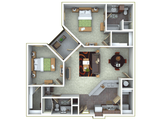 Floor plan for 2 beds, 2 baths, 1216 sqft