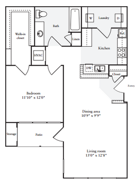 Floor plan for 1 bed, 1 bath, 808 sqft
