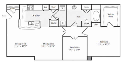 Floor plan for 1 bed, 1 bath, 1026 sqft