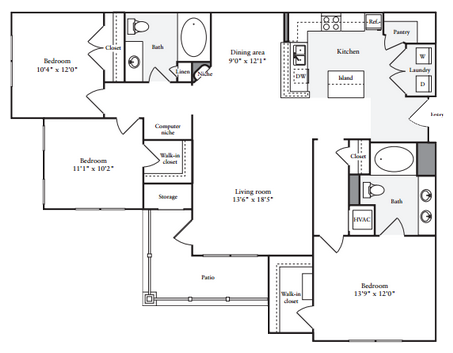 Floor plan for 3 beds, 2 baths, 1408 sqft