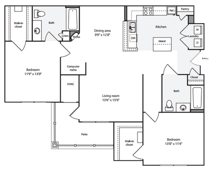 Floor plan for 2 beds, 2 baths, 1192 sqft