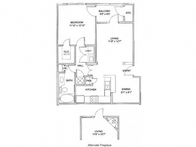 Floor plan for 1 bed, 1 bath, 799 sqft