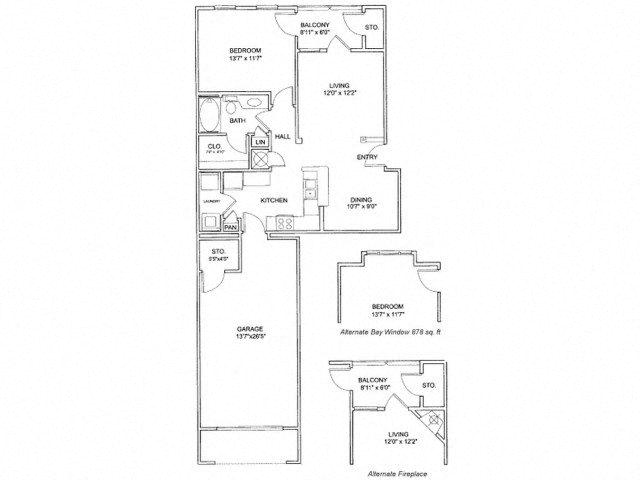 Floor plan for 1 bed, 1 bath, 866 sqft