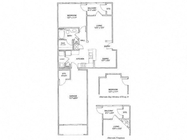 Floor plan for 1 bed, 1 bath, 879 sqft