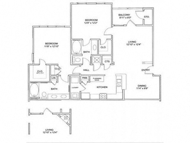 Floor plan for 2 beds, 2 baths, 1301 sqft