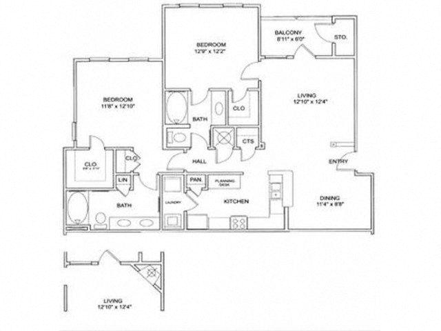 Floor plan for 2 beds, 2 baths, 1223 sqft