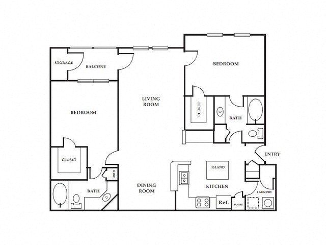 Floor plan for 2 beds, 2 baths, 1287 sqft