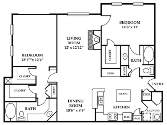 Floor plan for 2 beds, 2 baths, 1301 sqft