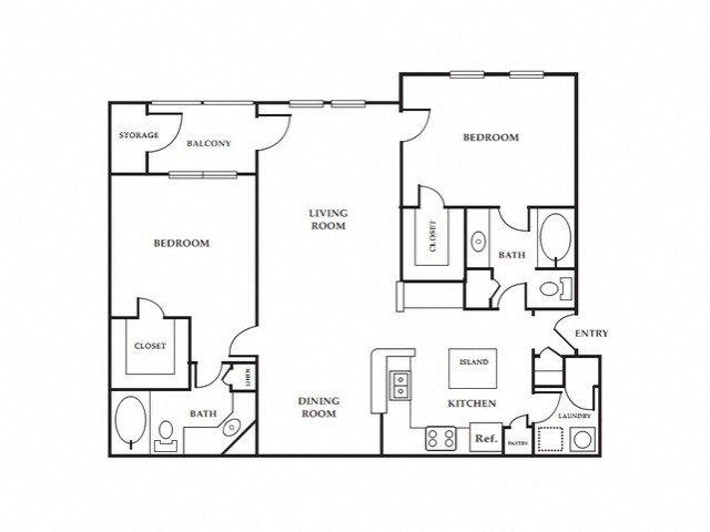 Floor plan for 2 beds, 2 baths, 1287 sqft