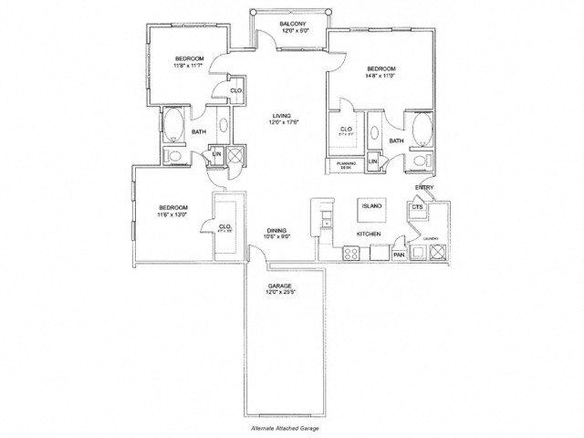 Floor plan for 3 beds, 2 baths, 1476 sqft