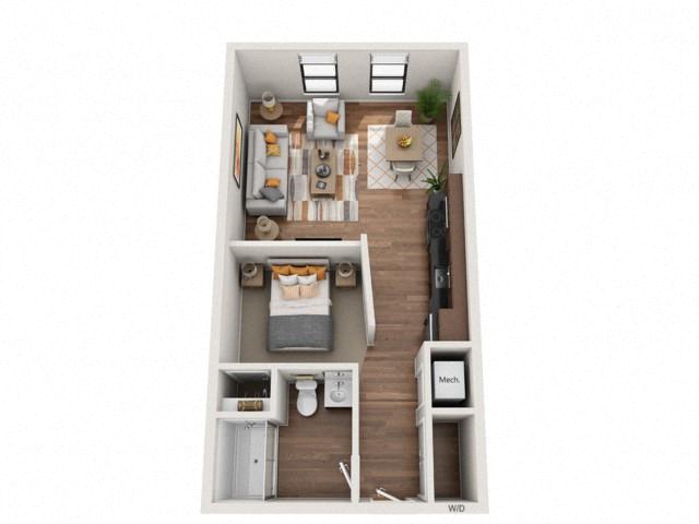 Floor plan for 1 bed, 1 bath, 650 sqft