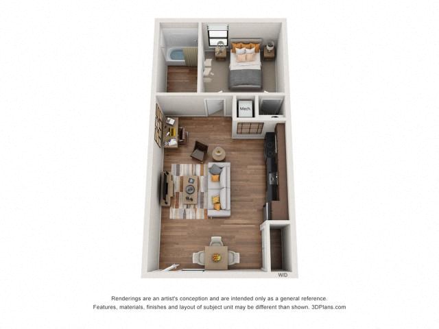 Floor plan for 1 bed, 1 bath, 650 sqft