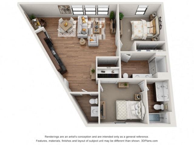 Floor plan for 2 beds, 2 baths, 1100 sqft