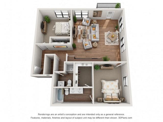 Floor plan for 2 beds, 2 baths, 1200 sqft