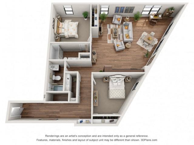 Floor plan for 2 beds, 2 baths, 1400 sqft