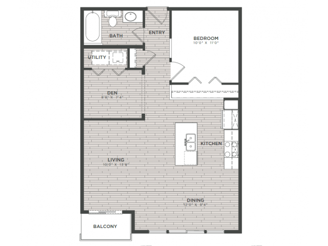 Floor plan for 1 bed, 1 bath, 801 sqft