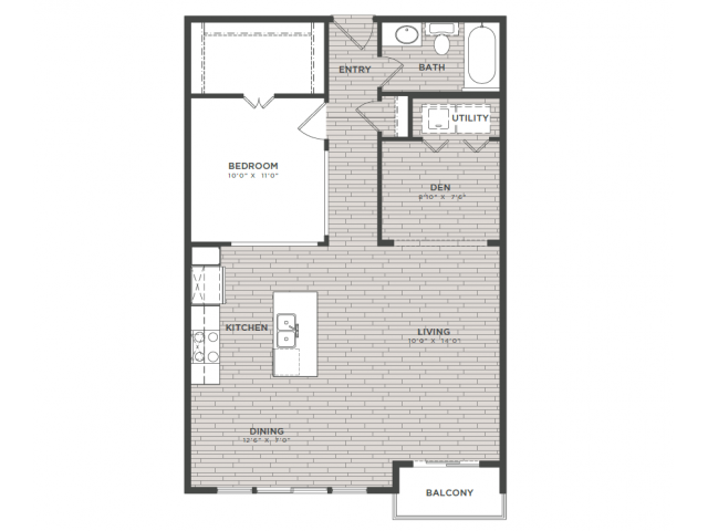 Floor plan for 1 bed, 1 bath, 856 sqft