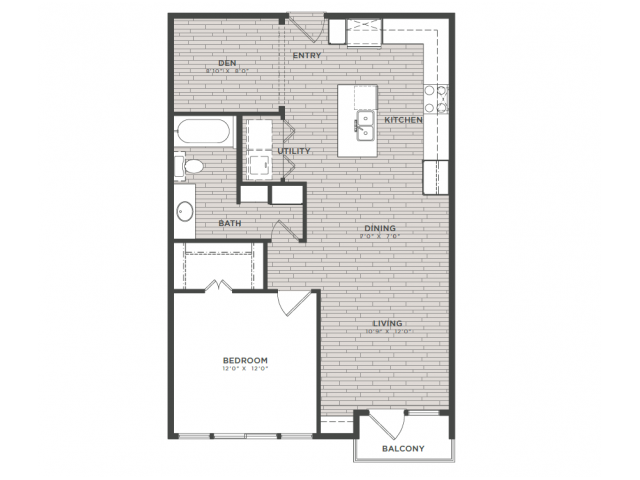 Floor plan for 1 bed, 1 bath, 856 sqft