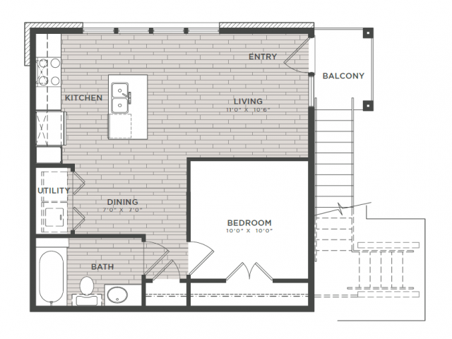 Floor plan for 1 bed, 1 bath, 576 sqft
