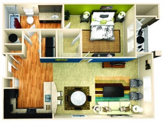 Floor plan for 1 bed, 1 bath, 833 sqft