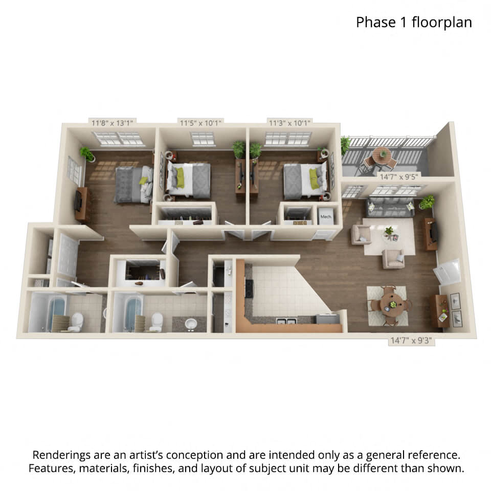 Floor plan for 3 beds, 2 baths, 1400 sqft