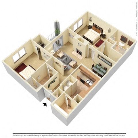 Floor plan for 2 beds, 2 baths, 1151 sqft