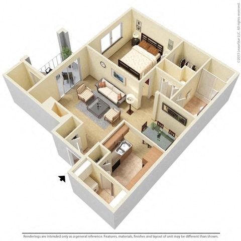 Floor plan for 1 bed, 1 bath, 765 sqft