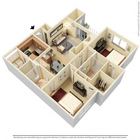 Floor plan for 2 beds, 2 baths, 1070 sqft